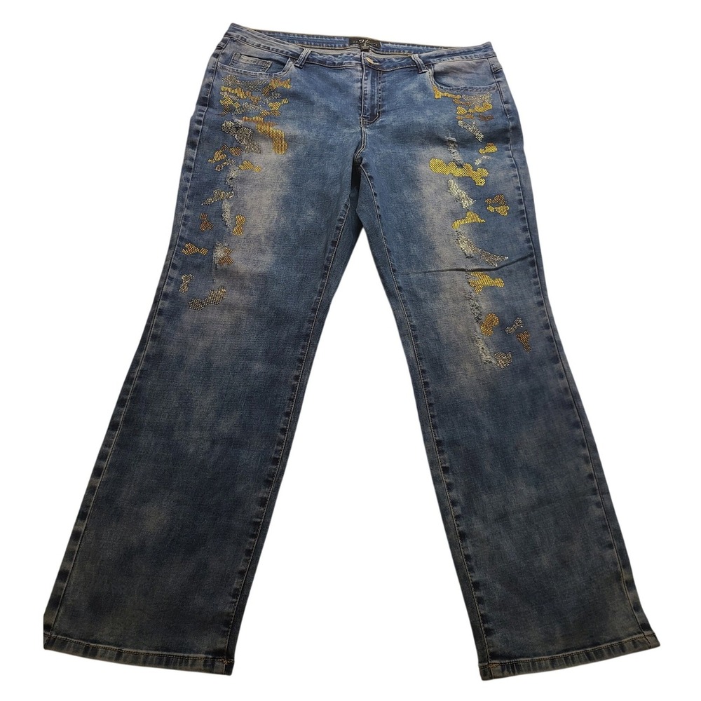 Midnight Velvet Rhinestone Embellished Distressed Straight Leg Jeans Women's 18W